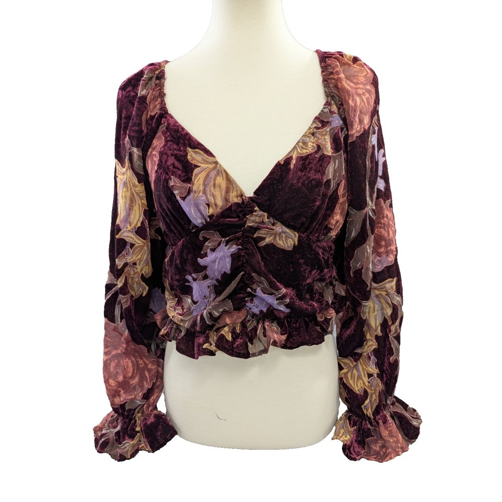 By Together Babydoll Crop Top Women M Burgundy Velvet Burnout Fairy Whimsigoth
